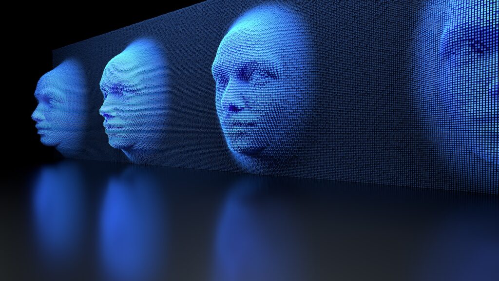 A computer rendering of anonymous, blue pixelated faces emerging from a digital wall