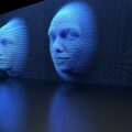 A computer rendering of anonymous, blue pixelated faces emerging from a digital wall