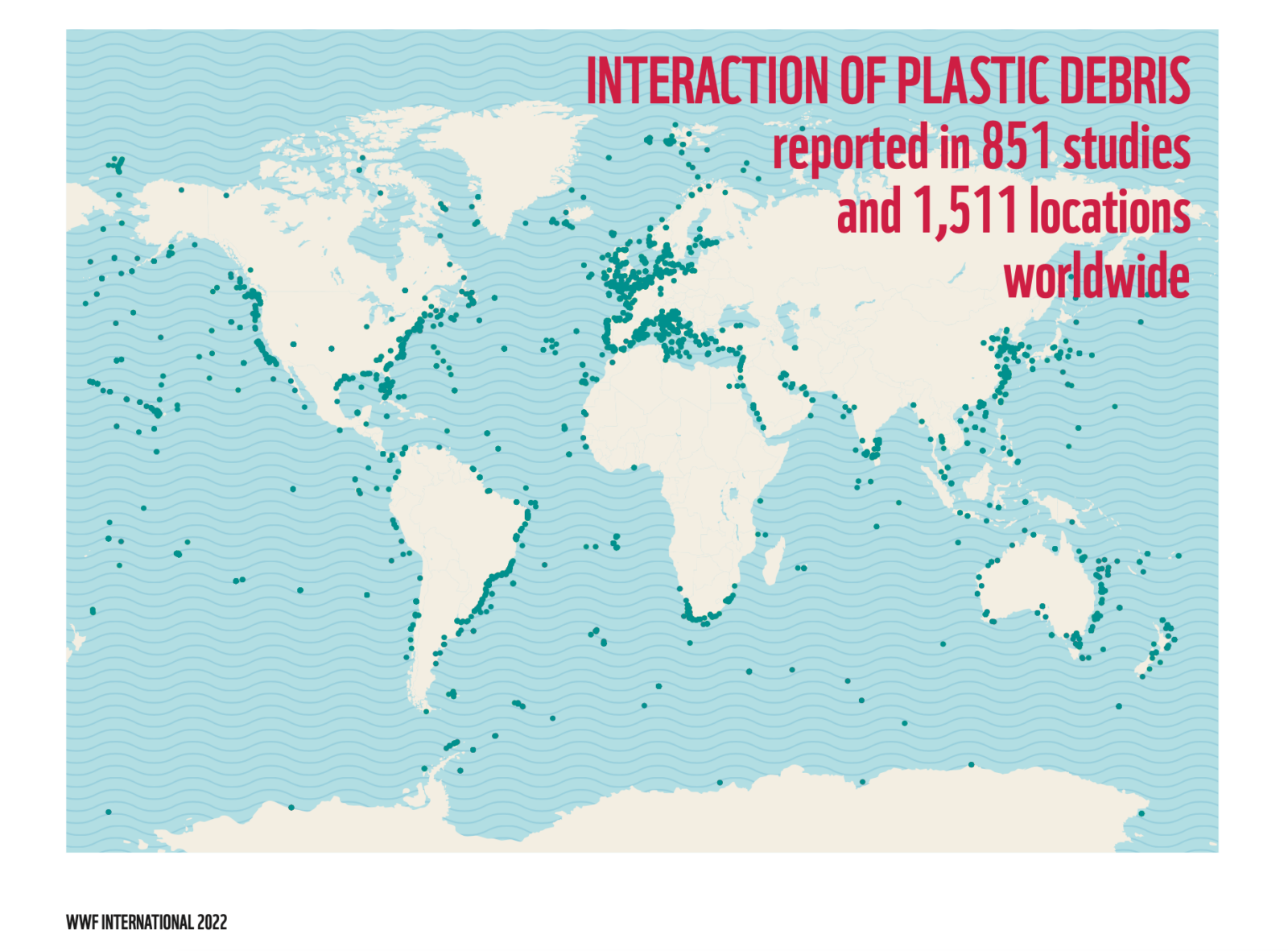 A map of the world, showing multiple green dots of where marine life interacts with plastic in the ocean