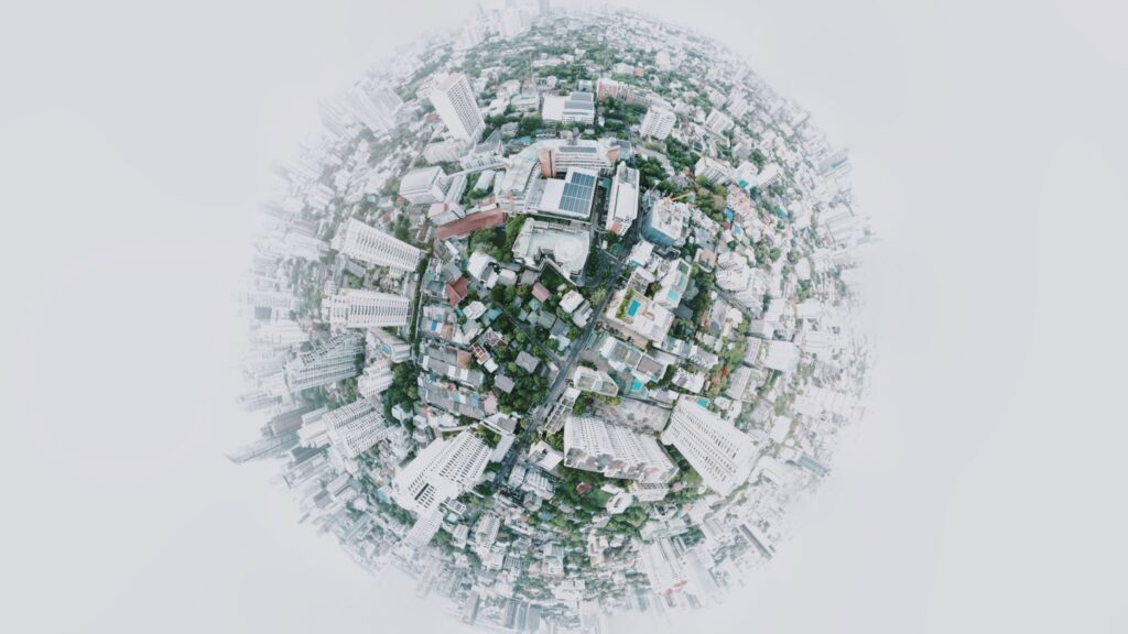 Bird's eye stylized view of a cityscape in a fish eye lens