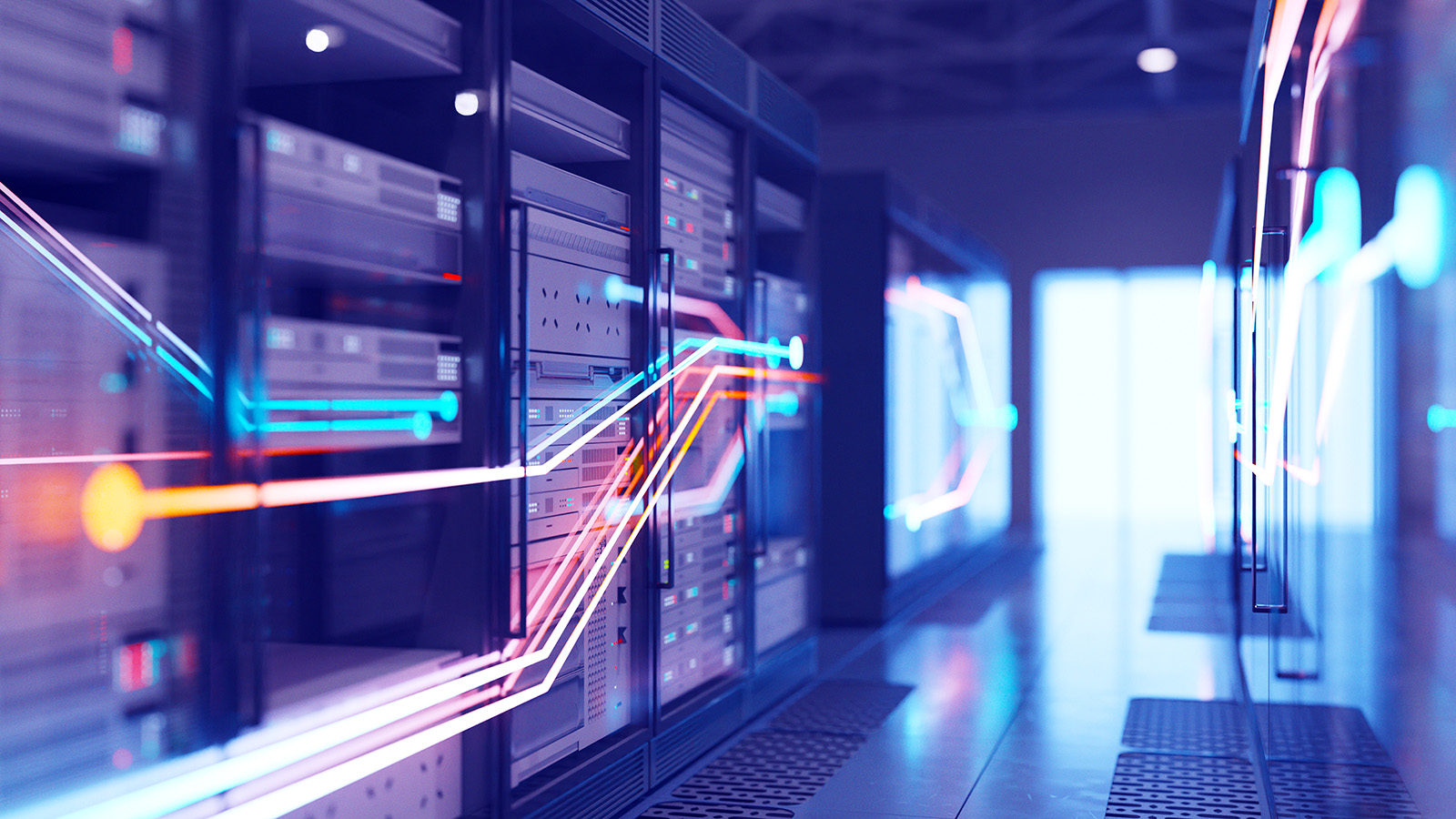 A stylized image of servers with blowing red and blue lines connecting them