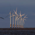 Wind turbines generate electricity at Burno Bank Off Shore Wind Farm on December 07, 2022 in Liverpool, England