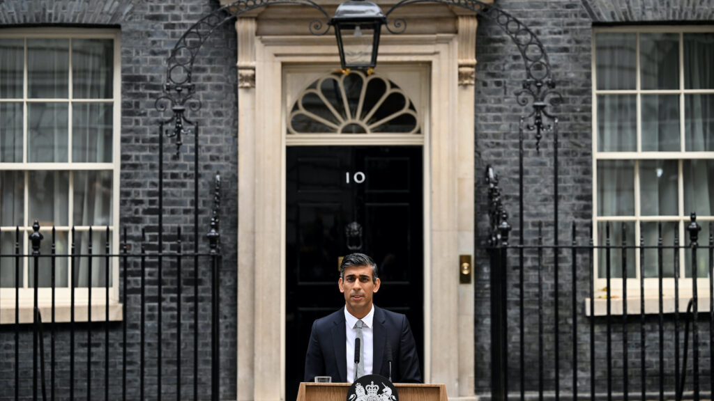 British Prime Minister Rishi Sunak makes a statement after taking office outside Number 10 in Downing Street on October 25, 2022 in London, England.