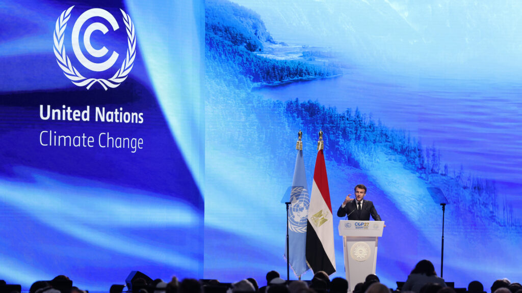 A dark audience sits in front of a stage, on which is a white podium, the U.N. flag and the Egyptian flag. A man in a suit stands at the podium. Behind him is a brightly lit digital blue screen, with the words in white 