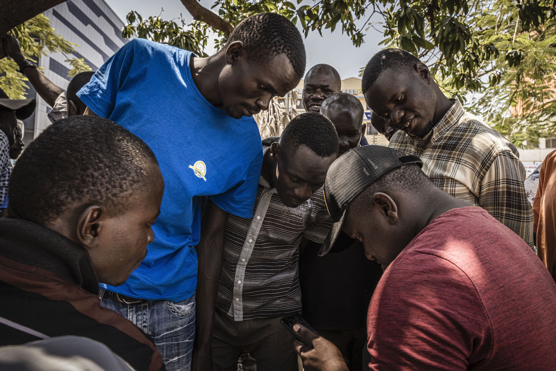 A group of men crowd around a sitting man, all of them looking at his cellphone. They are outside, and tree branches can be seen above them.